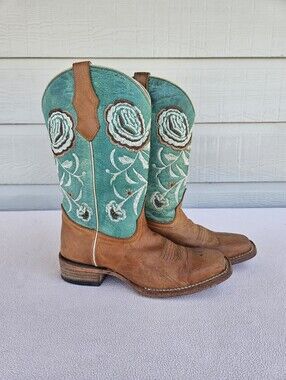 Circle G by Corral Honey Turquoise Flower Western Boot Girl Youth SZ 4 Leather